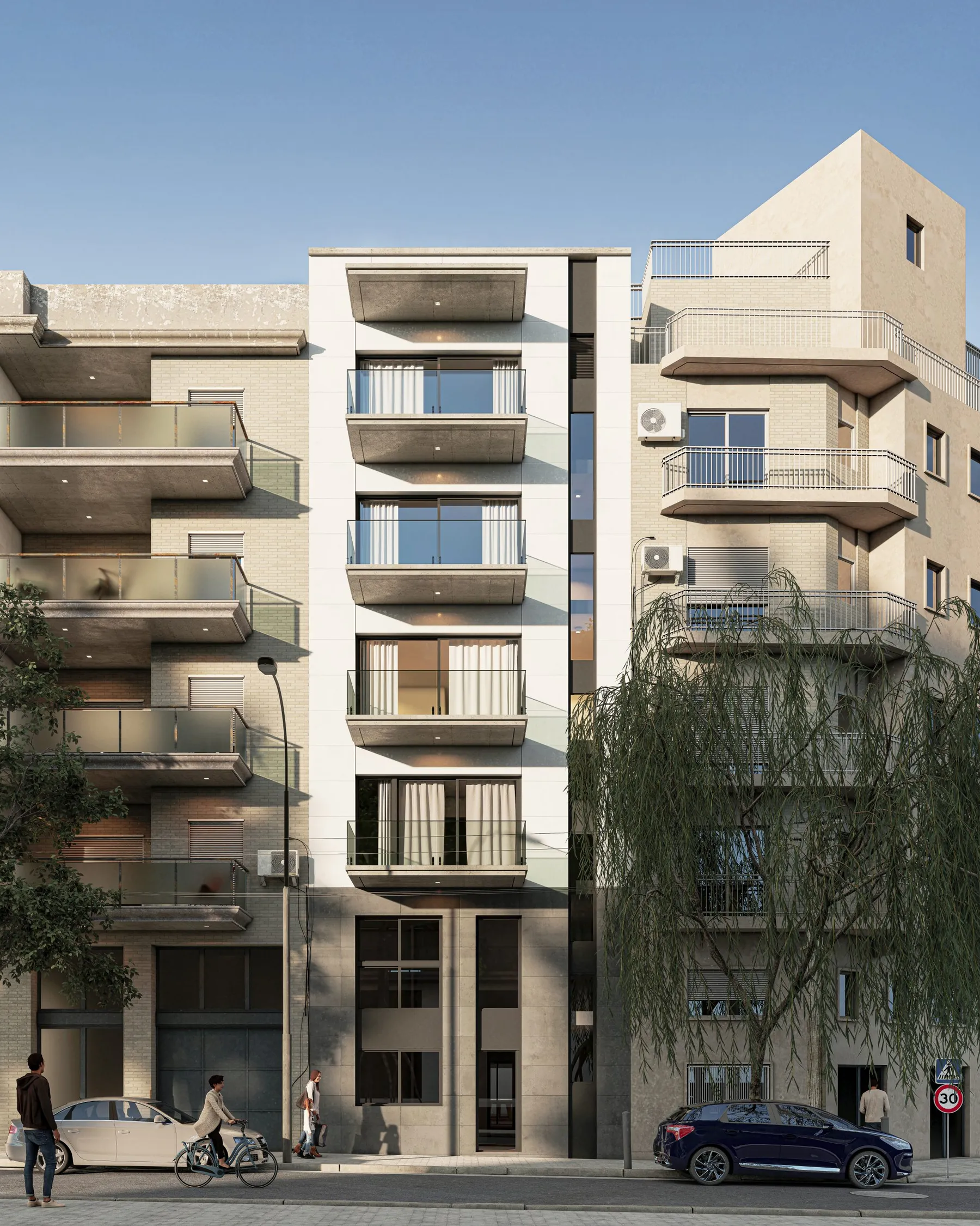 Render de la fachada de Residencial Sant Pau, edificio de seis plantas con terrazas