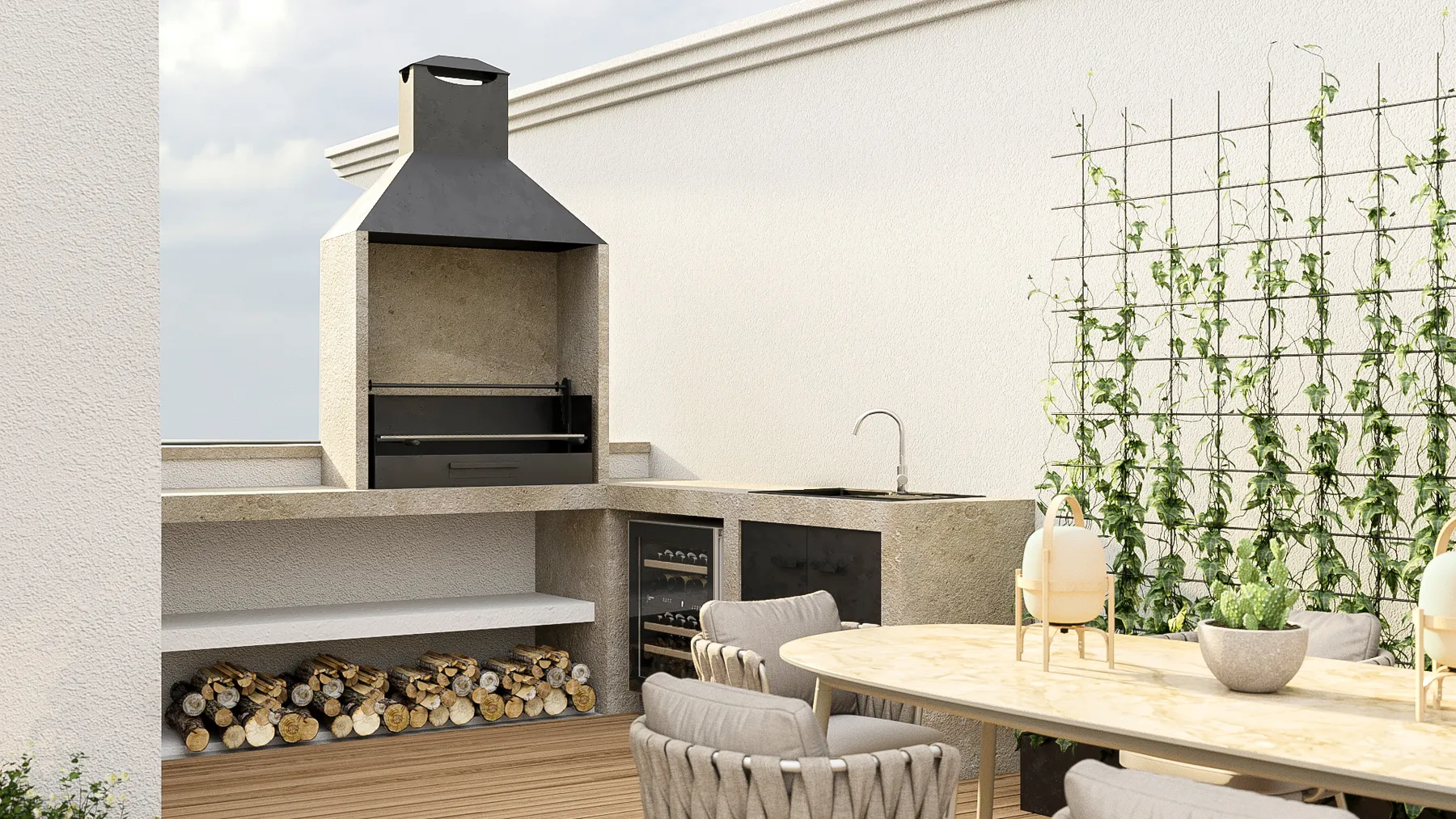 Render de la barbacoa de obra con banco de trabajo