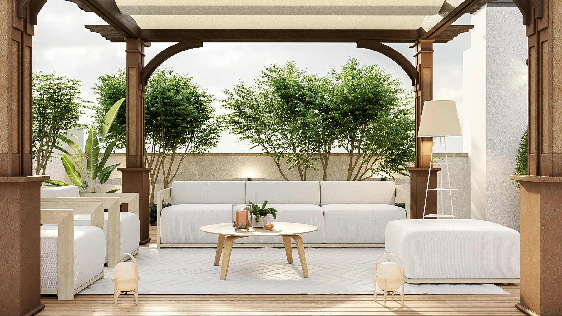 Render de la zona chill-out bajo pérgola de madera