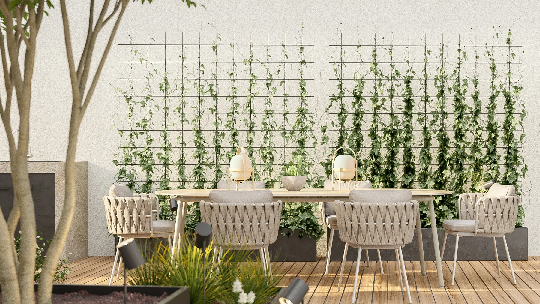 Render de la mesa de comedor exterior junto a una celosía vegetal