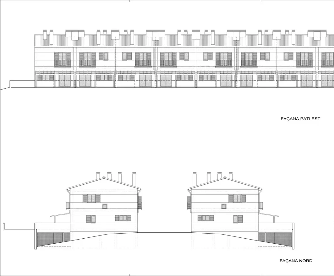 Alzados del conjunto de casas pareadas de Maians: fachada al patio y fachada norte