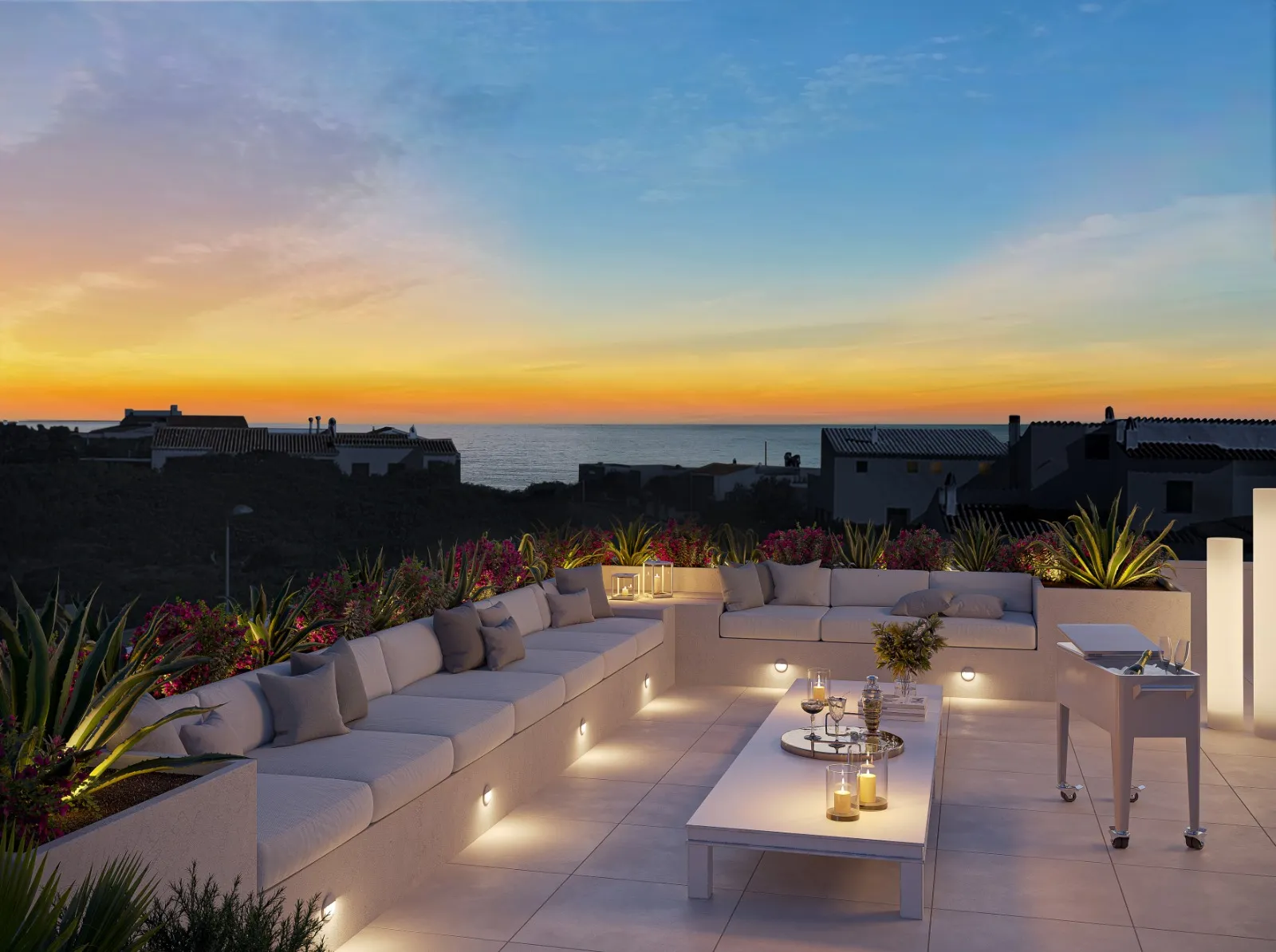 Terraza con vistas al mar al atardecer: imagen de proyecto de las casas de Menorca