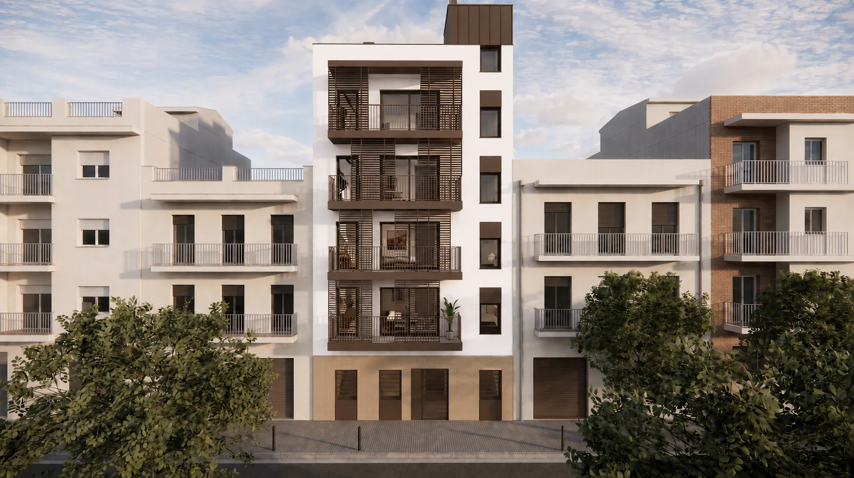 Edificio plurifamiliar de seis plantas con grandes terrazas entre medianeras: propuesta para Aura Femades