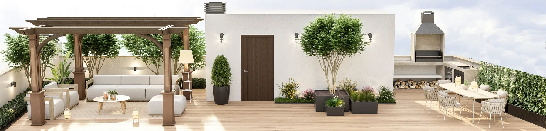Render panorámico de la terraza en cubierta: pérgola, zona de estar, acceso y barbacoa