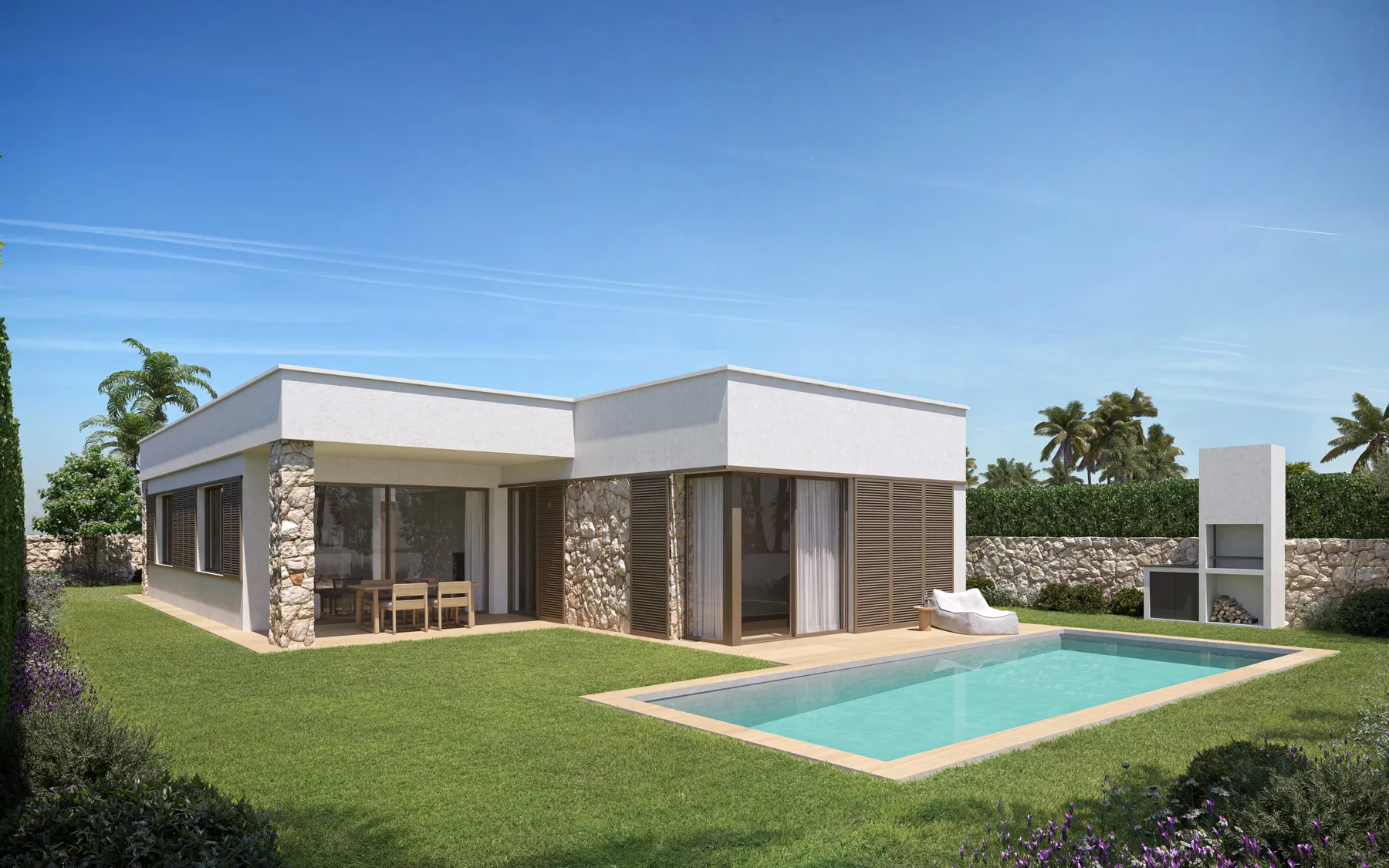Casa unifamiliar de una planta en Menorca, con muros de piedra seca, porche y piscina